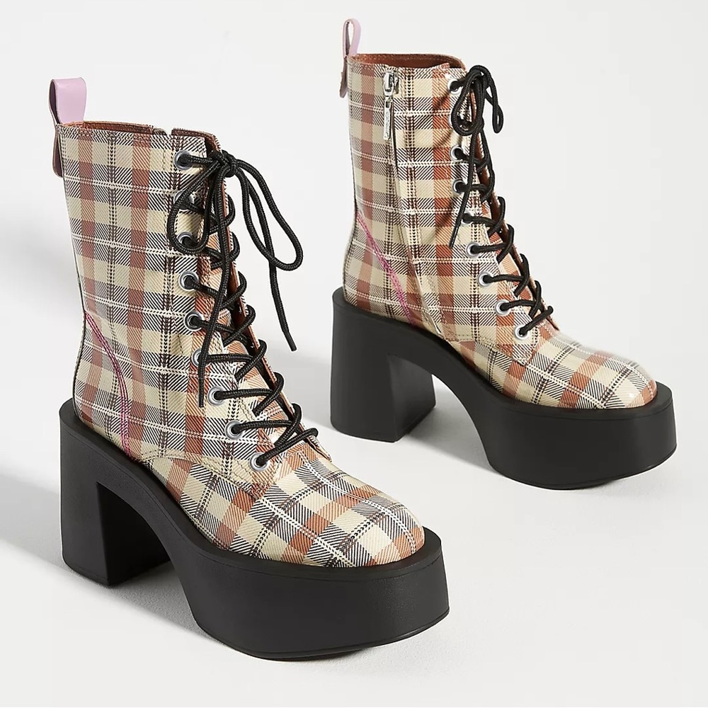 Larroude Plaid Lace-Up Platform Boots in Black, Brown, Cream